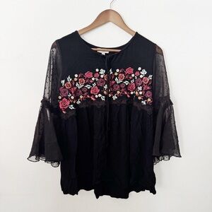 Umgee Black Blouse with Pink & Red Floral Embroidery medium